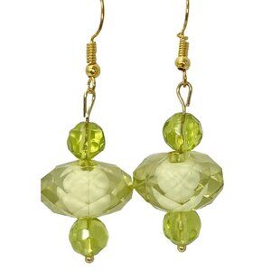 Art Glass Jeweled Cut Bead Earrings Lime Green Gold Plated Murano Style Faceted